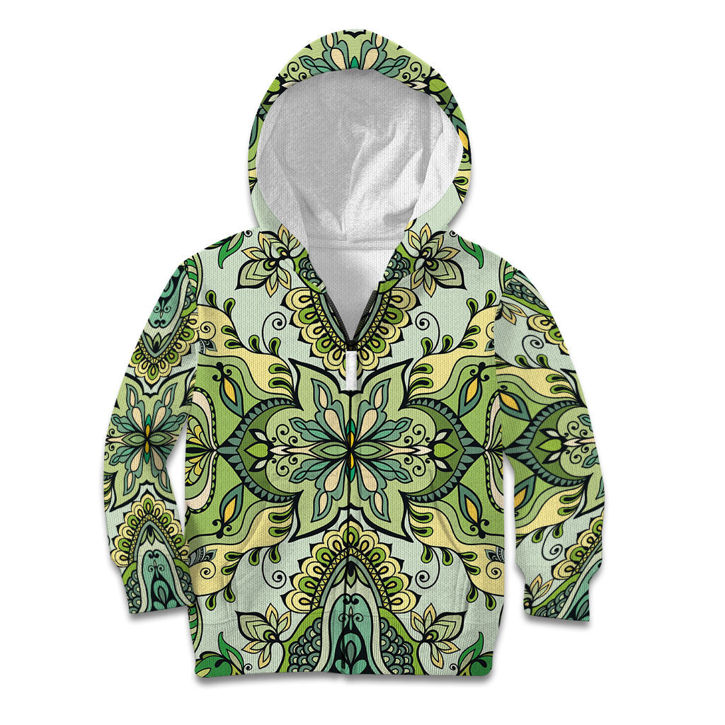 Indian Mandala Pattern Kid Hoodie Green Geometric Floral Mandala