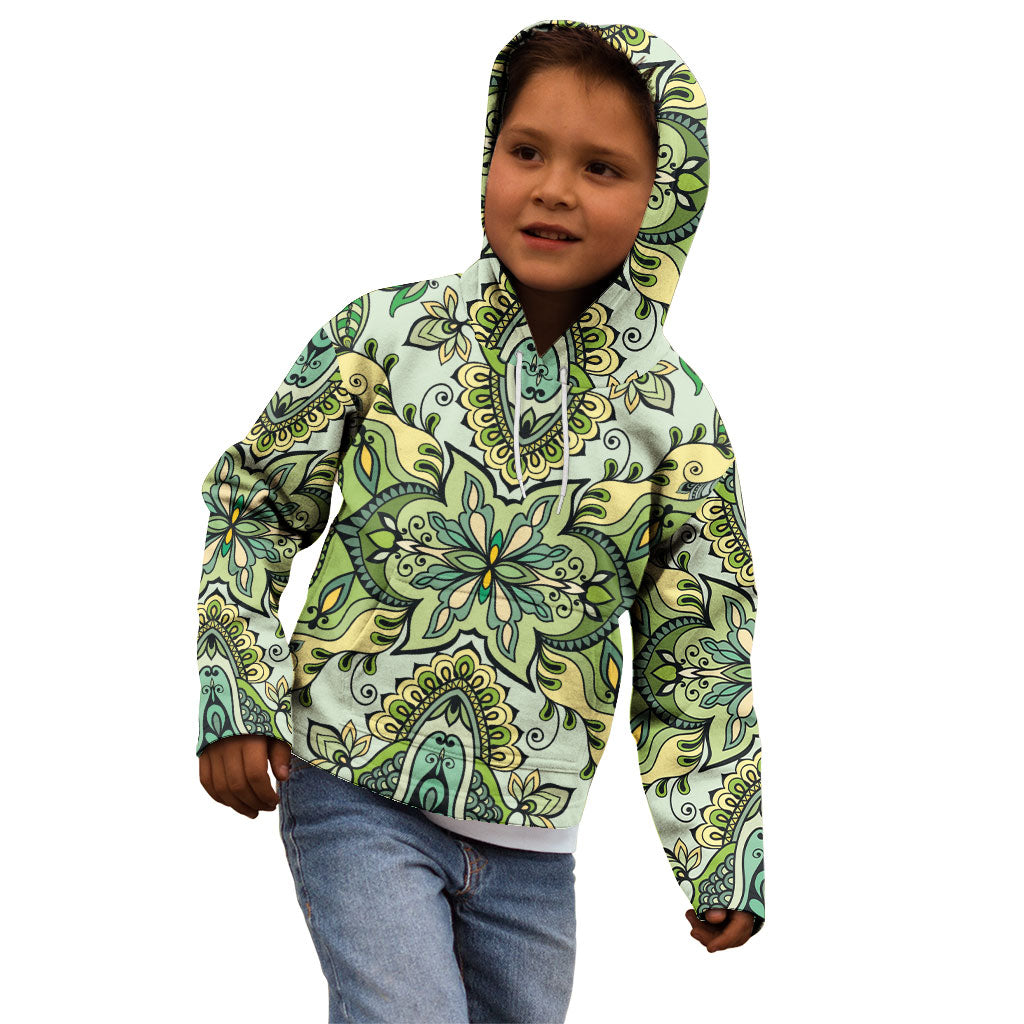 Indian Mandala Pattern Kid Hoodie Green Geometric Floral Mandala