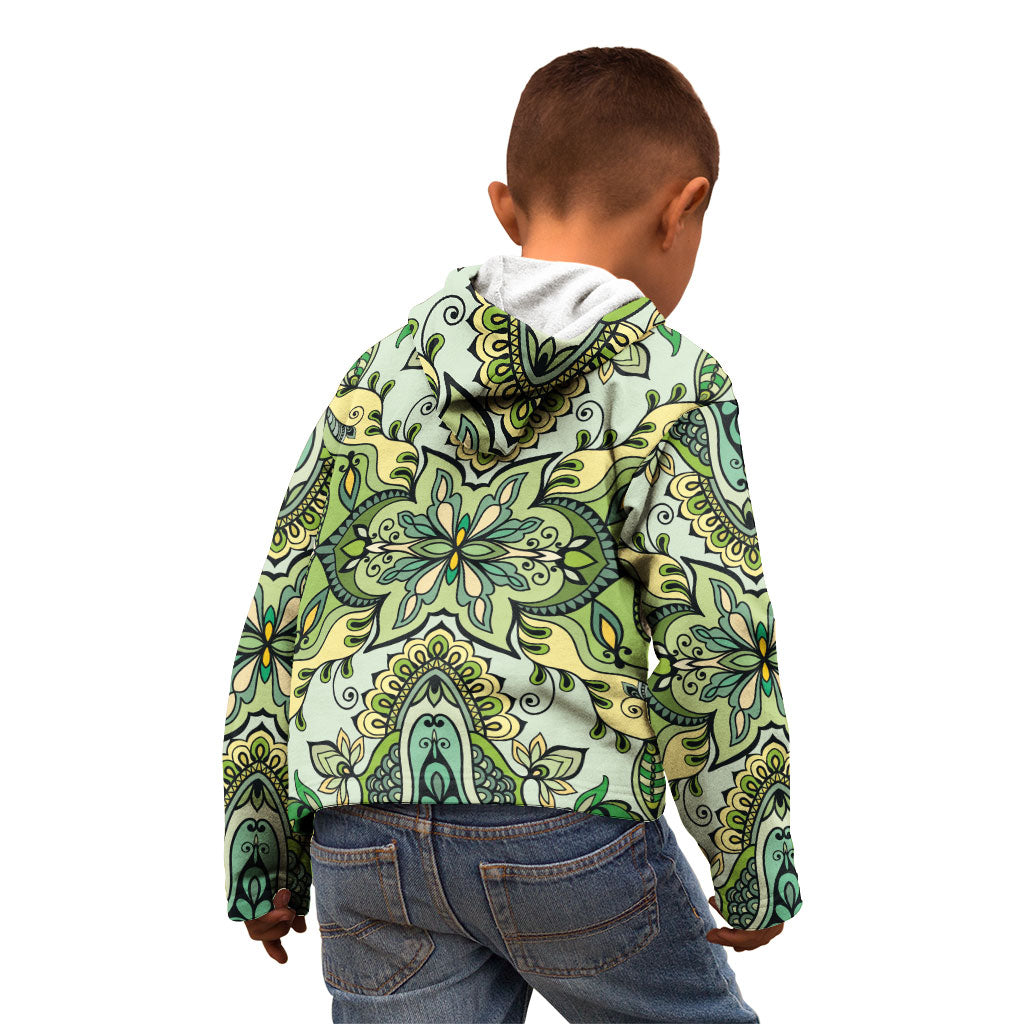 Indian Mandala Pattern Kid Hoodie Green Geometric Floral Mandala