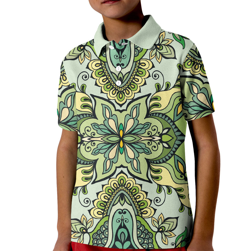 Indian Mandala Pattern Kid Polo Shirt Green Geometric Floral Mandala