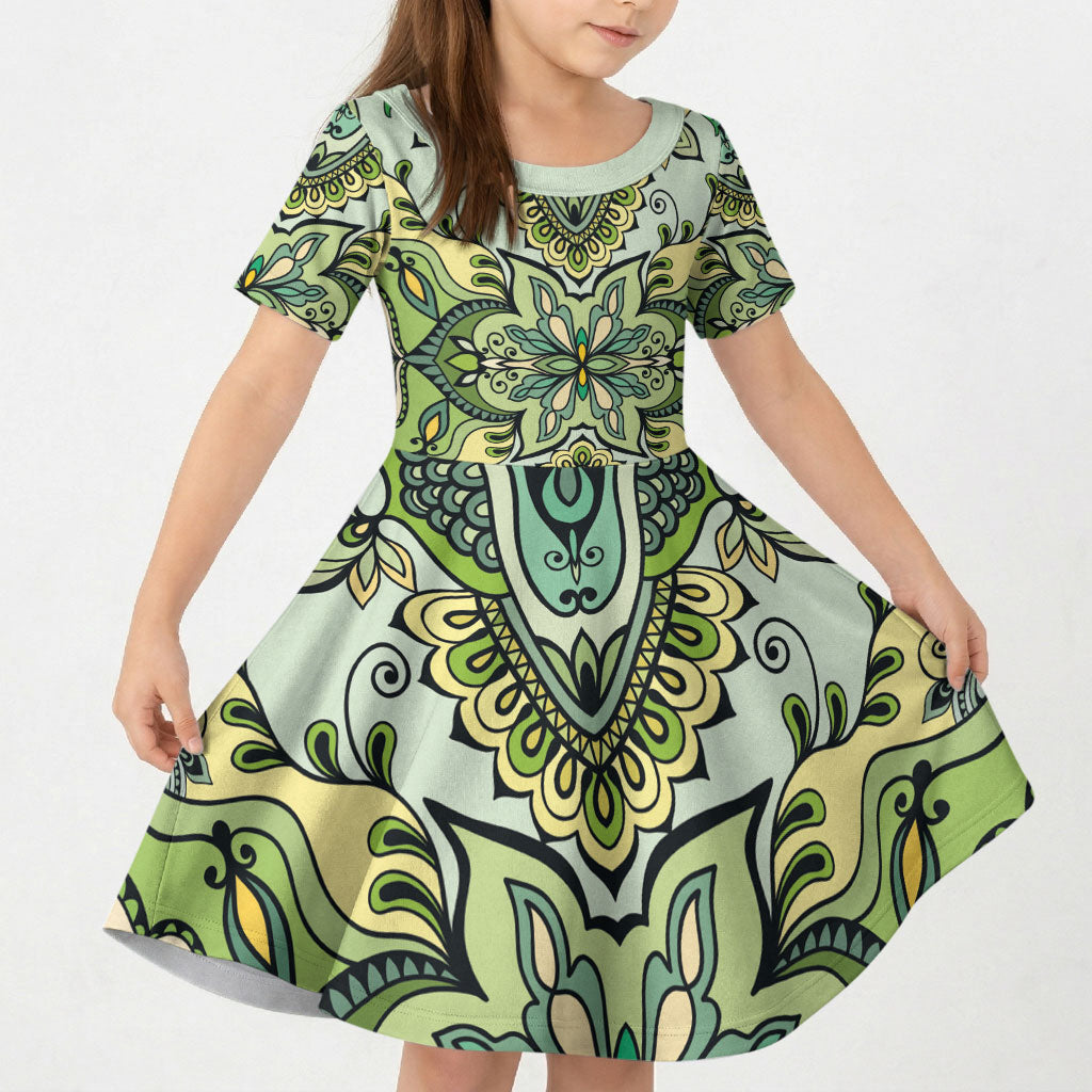 Indian Mandala Pattern Kid Short Sleeve Dress Green Geometric Floral Mandala