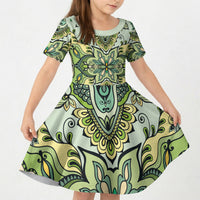 Indian Mandala Pattern Kid Short Sleeve Dress Green Geometric Floral Mandala