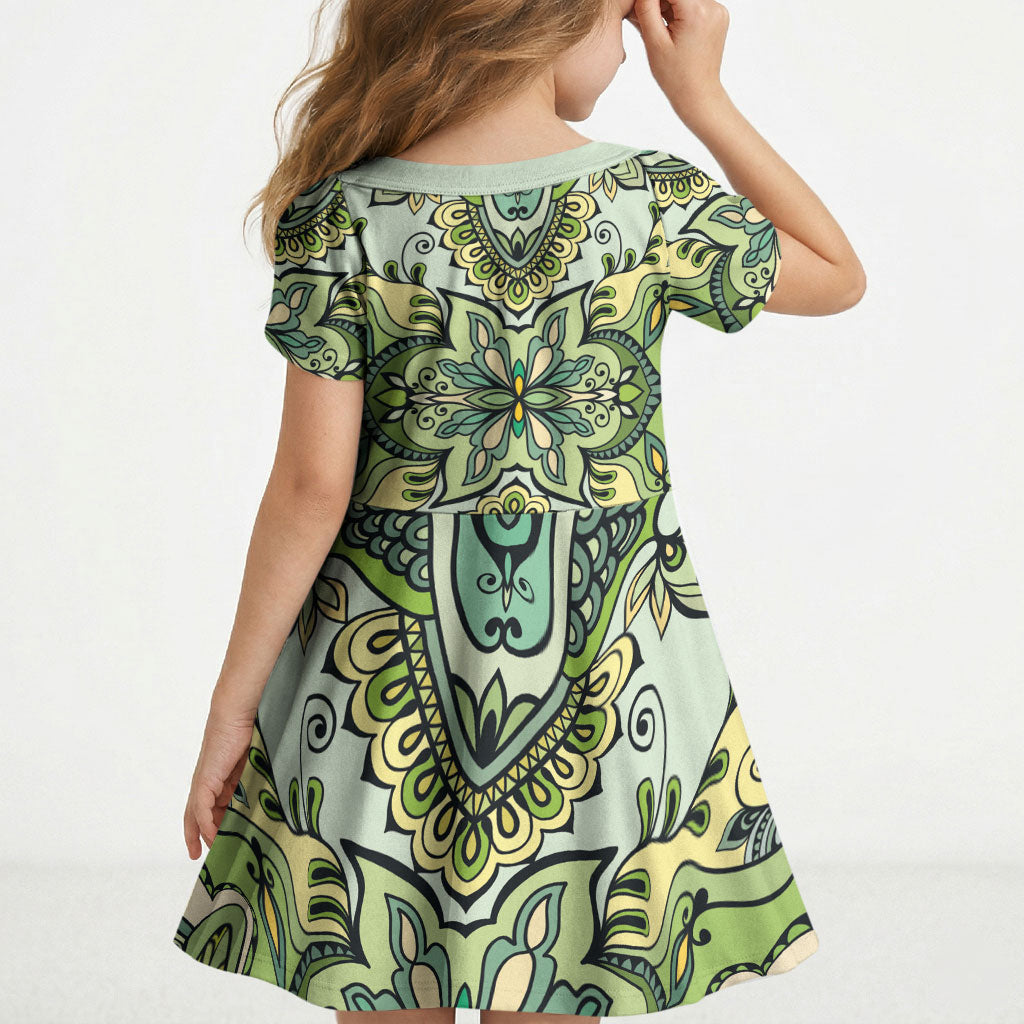 Indian Mandala Pattern Kid Short Sleeve Dress Green Geometric Floral Mandala
