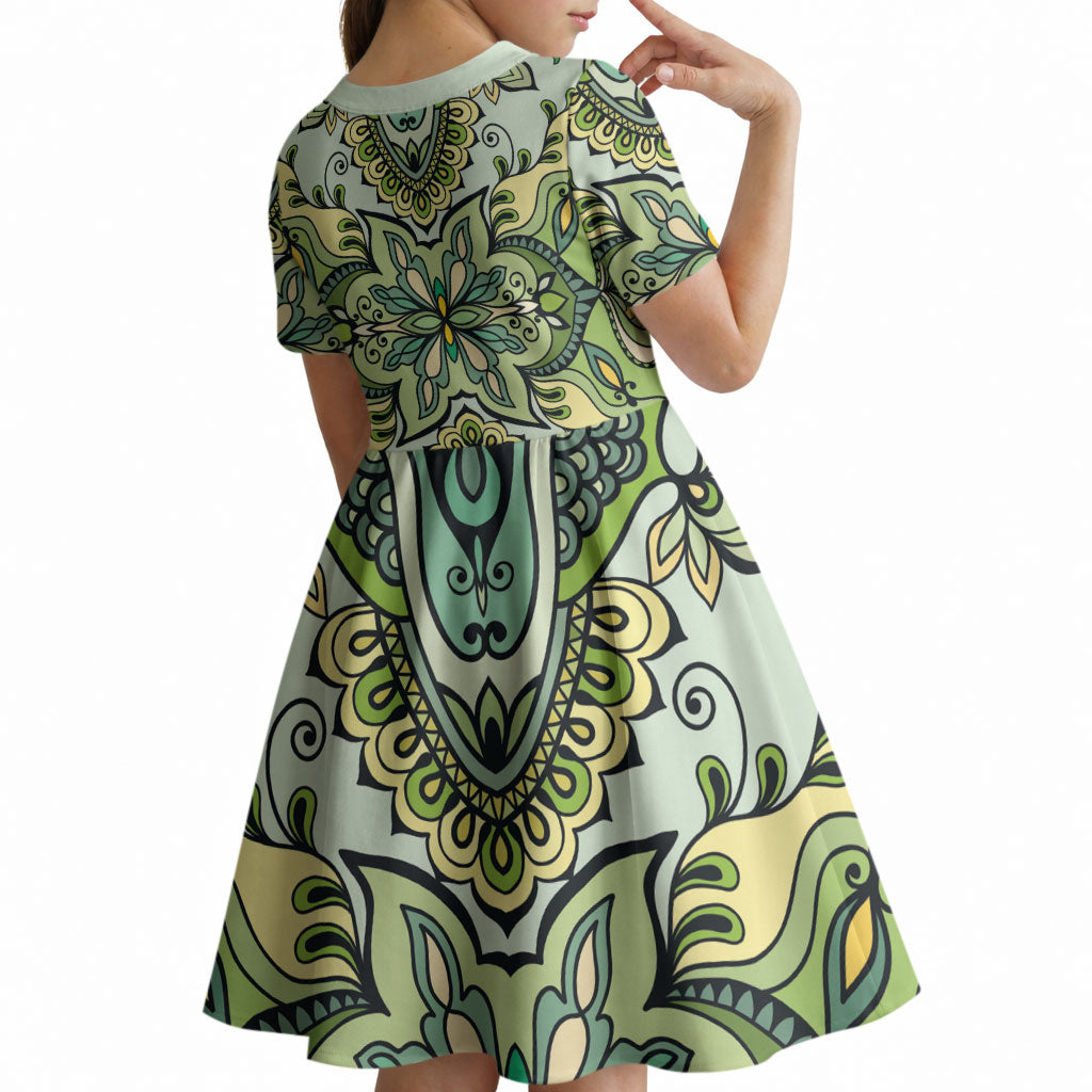 Indian Mandala Pattern Kid Short Sleeve Dress Green Geometric Floral Mandala