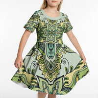 Indian Mandala Pattern Kid Short Sleeve Dress Green Geometric Floral Mandala