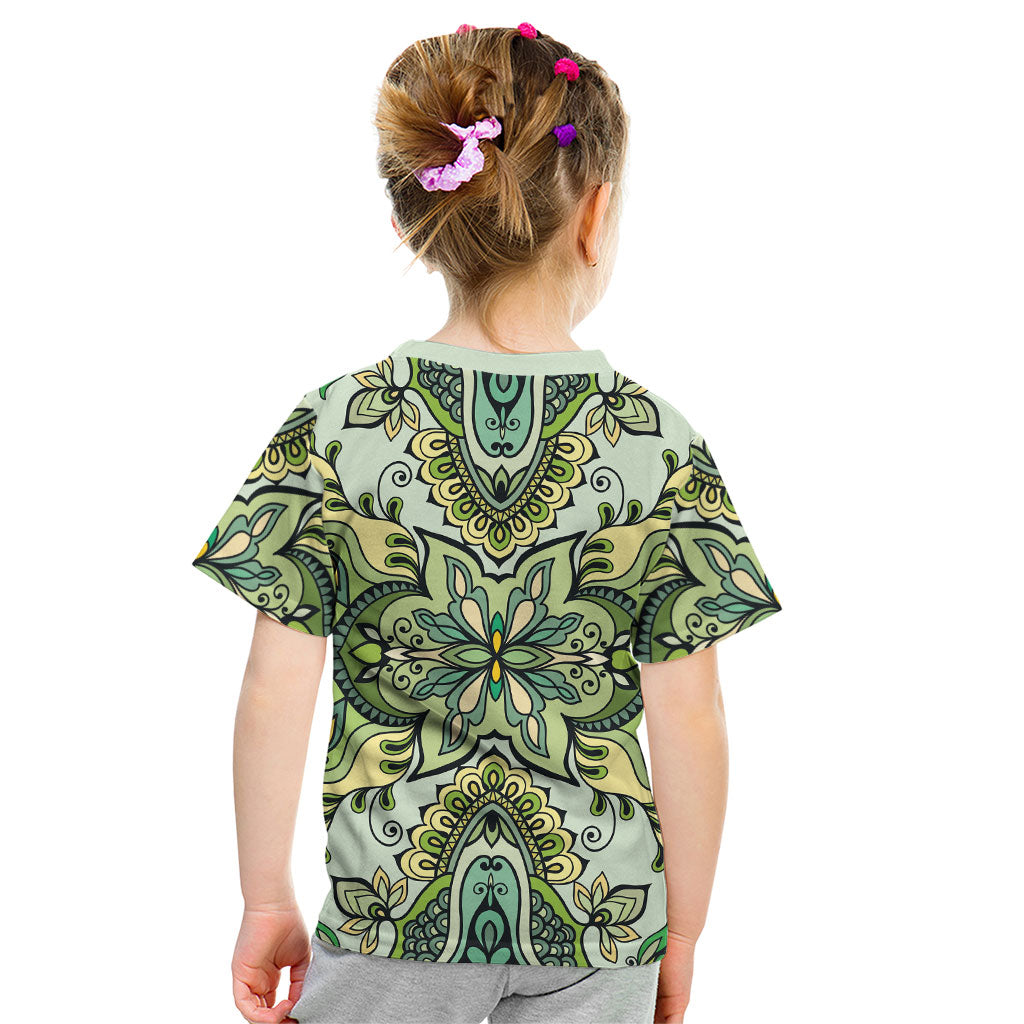 Indian Mandala Pattern Kid T Shirt Green Geometric Floral Mandala