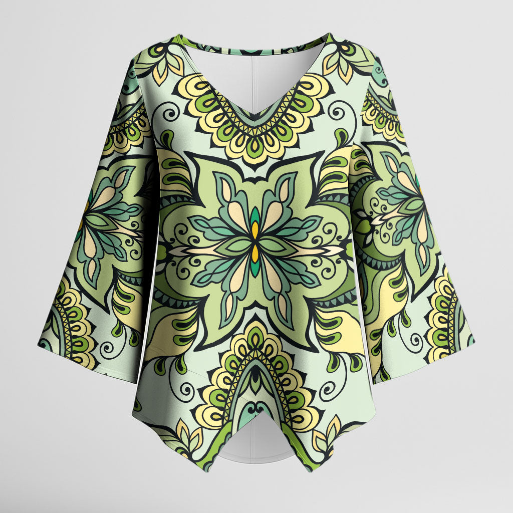 Indian Mandala Pattern Kimono Sleeve Blouse Green Geometric Floral Mandala