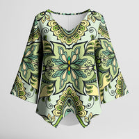 Indian Mandala Pattern Kimono Sleeve Blouse Green Geometric Floral Mandala