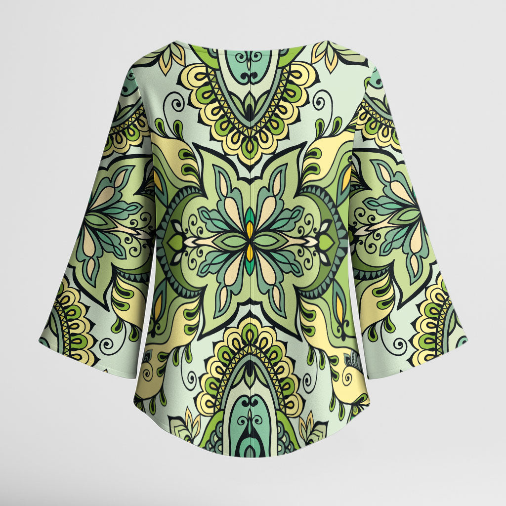 Indian Mandala Pattern Kimono Sleeve Blouse Green Geometric Floral Mandala