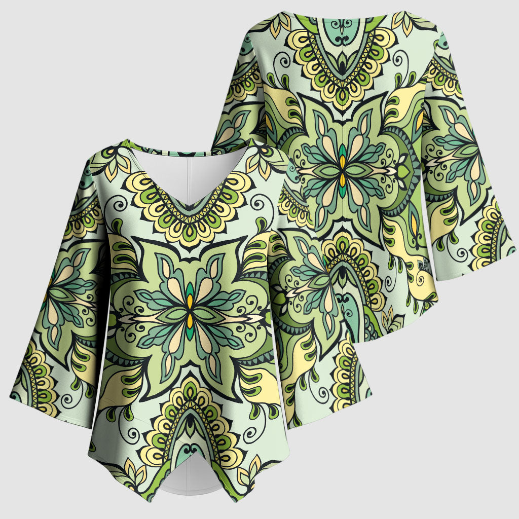 Indian Mandala Pattern Kimono Sleeve Blouse Green Geometric Floral Mandala