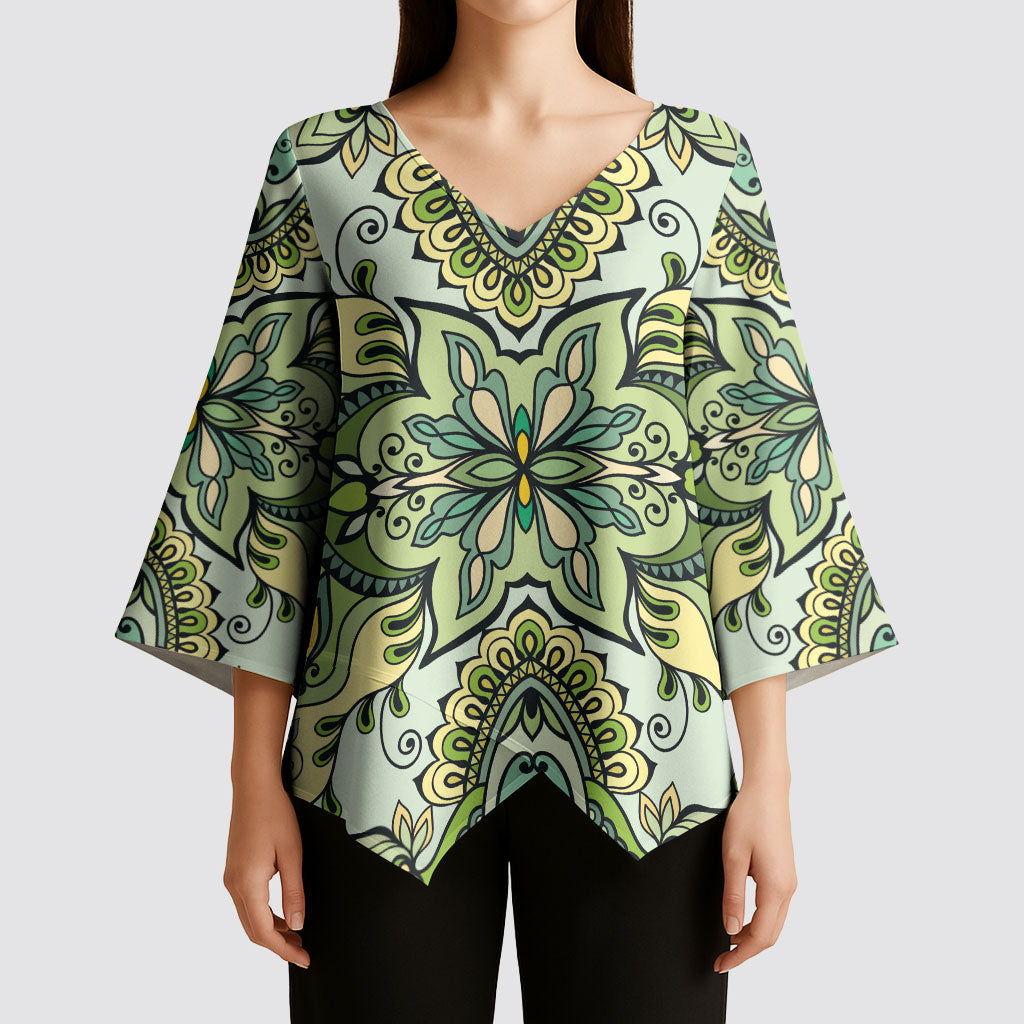 Indian Mandala Pattern Kimono Sleeve Blouse Green Geometric Floral Mandala