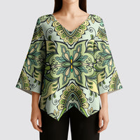 Indian Mandala Pattern Kimono Sleeve Blouse Green Geometric Floral Mandala