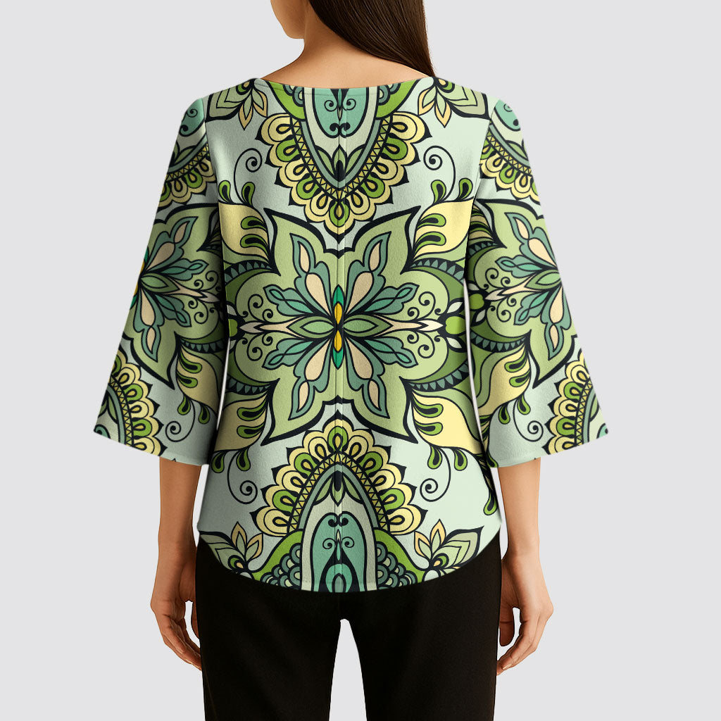Indian Mandala Pattern Kimono Sleeve Blouse Green Geometric Floral Mandala