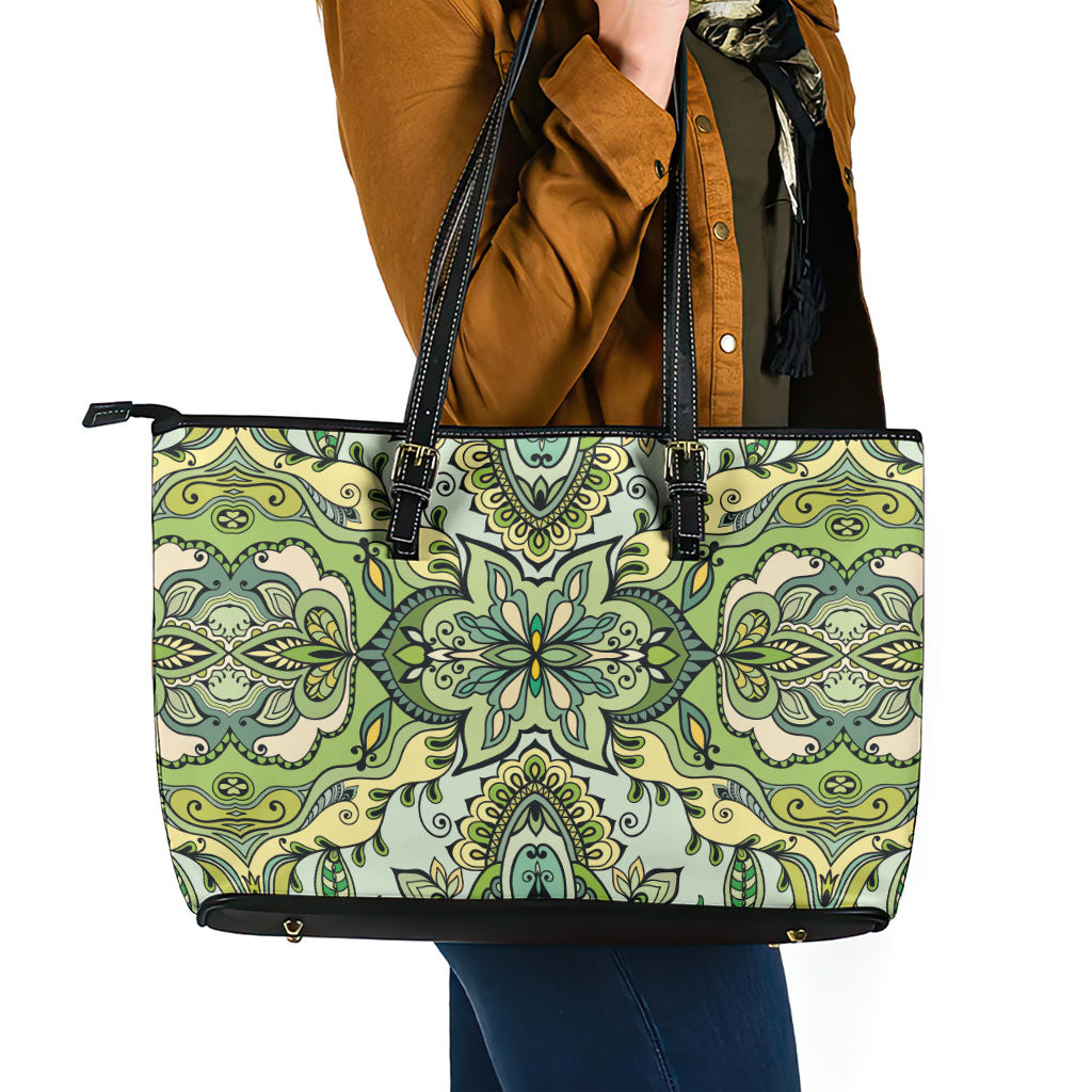 Indian Mandala Pattern Leather Tote Bag Green Geometric Floral Mandala
