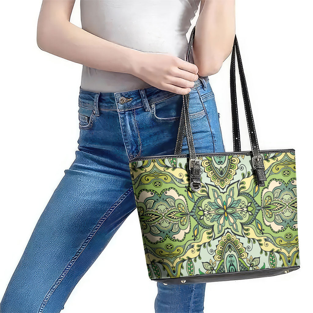 Indian Mandala Pattern Leather Tote Bag Green Geometric Floral Mandala