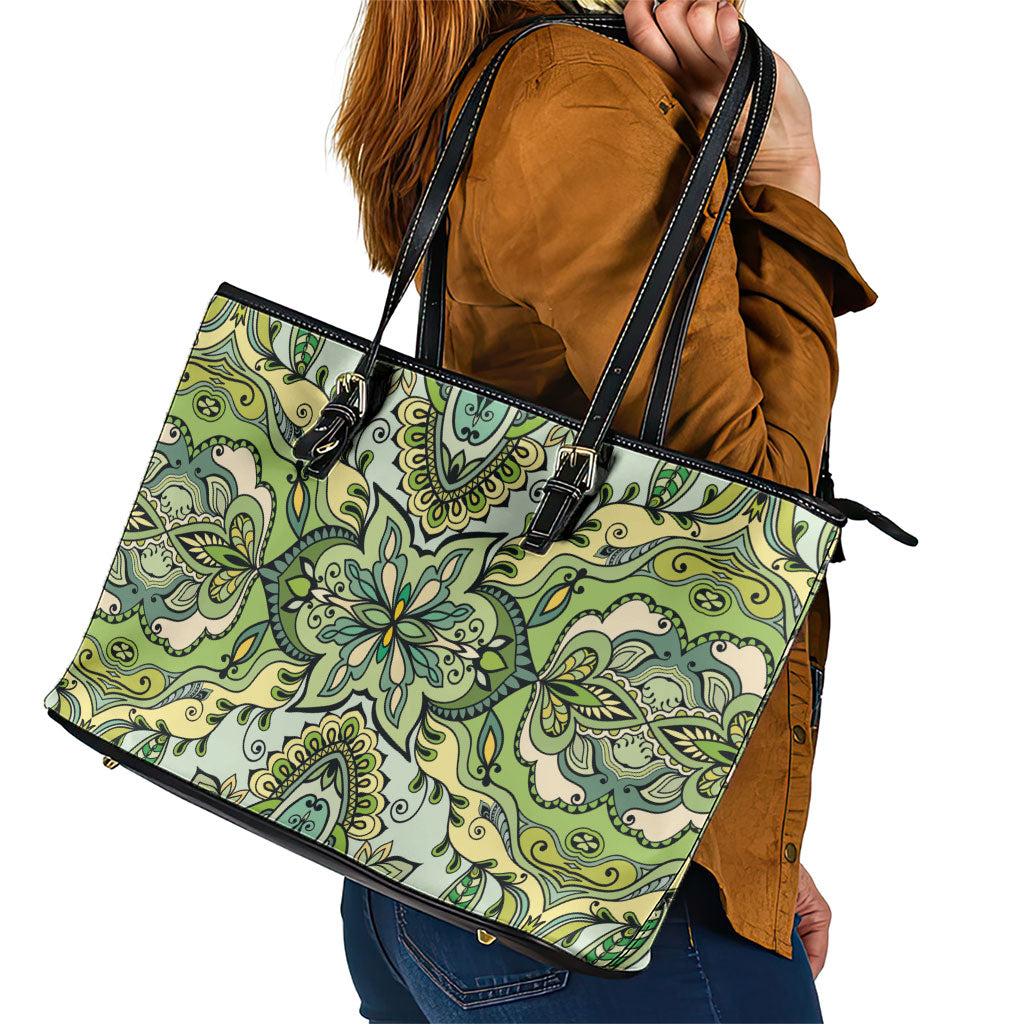 Indian Mandala Pattern Leather Tote Bag Green Geometric Floral Mandala