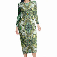 Indian Mandala Pattern Long Sleeve Bodycon Dress Green Geometric Floral Mandala