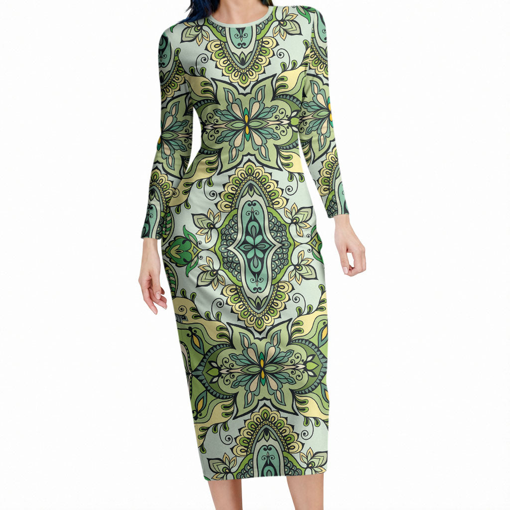 Indian Mandala Pattern Long Sleeve Bodycon Dress Green Geometric Floral Mandala LT19