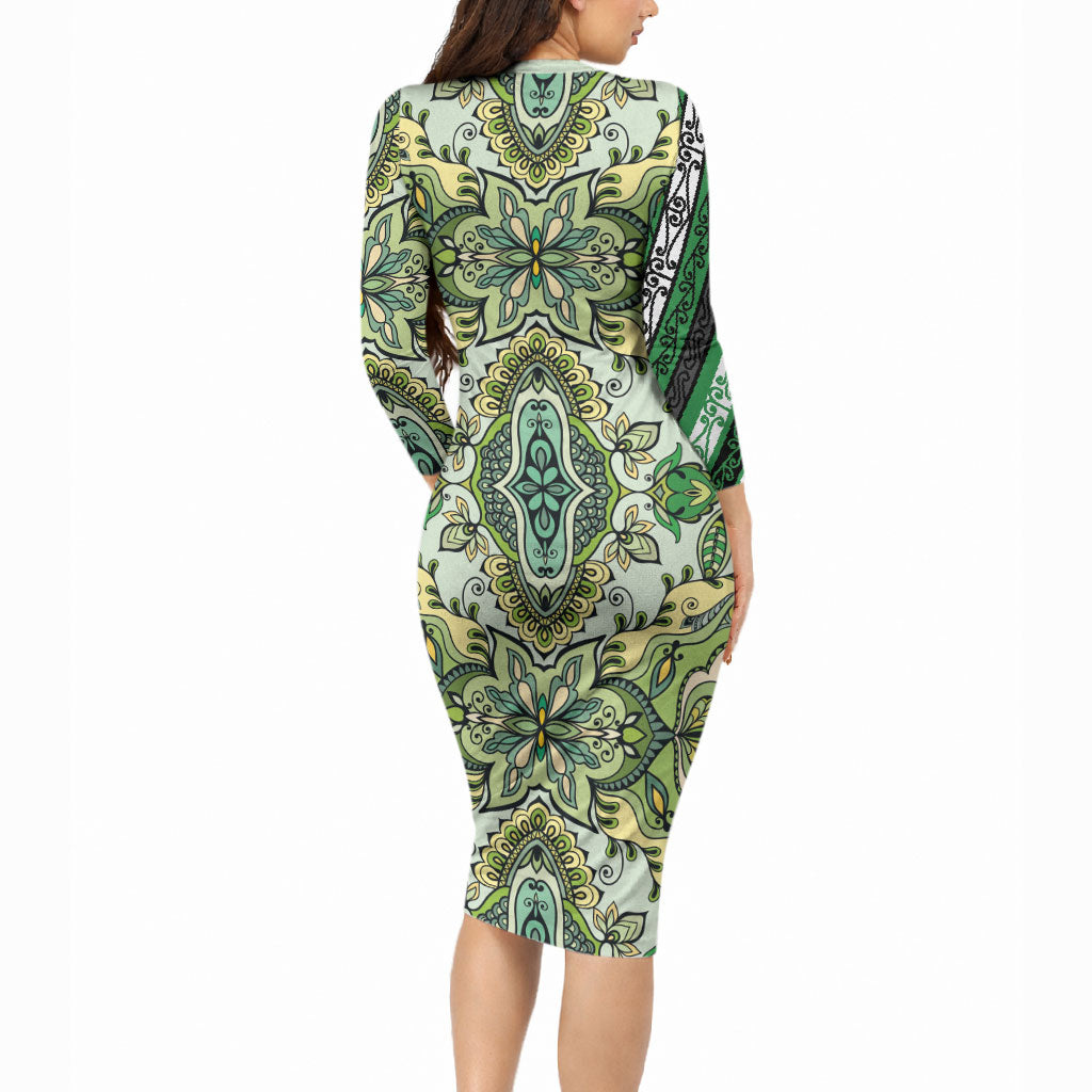 Indian Mandala Pattern Long Sleeve Bodycon Dress Green Geometric Floral Mandala