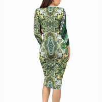Indian Mandala Pattern Long Sleeve Bodycon Dress Green Geometric Floral Mandala