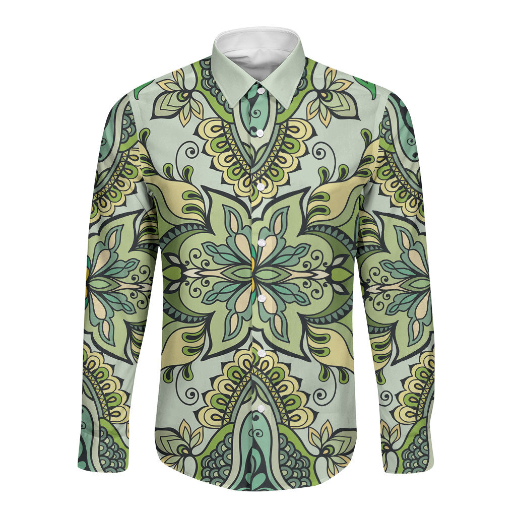 Indian Mandala Pattern Long Sleeve Button Shirt Green Geometric Floral Mandala