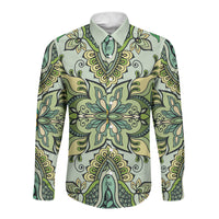 Indian Mandala Pattern Long Sleeve Button Shirt Green Geometric Floral Mandala