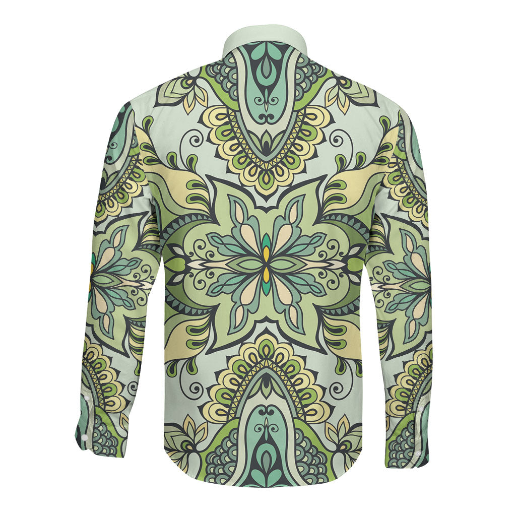 Indian Mandala Pattern Long Sleeve Button Shirt Green Geometric Floral Mandala