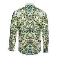 Indian Mandala Pattern Long Sleeve Button Shirt Green Geometric Floral Mandala