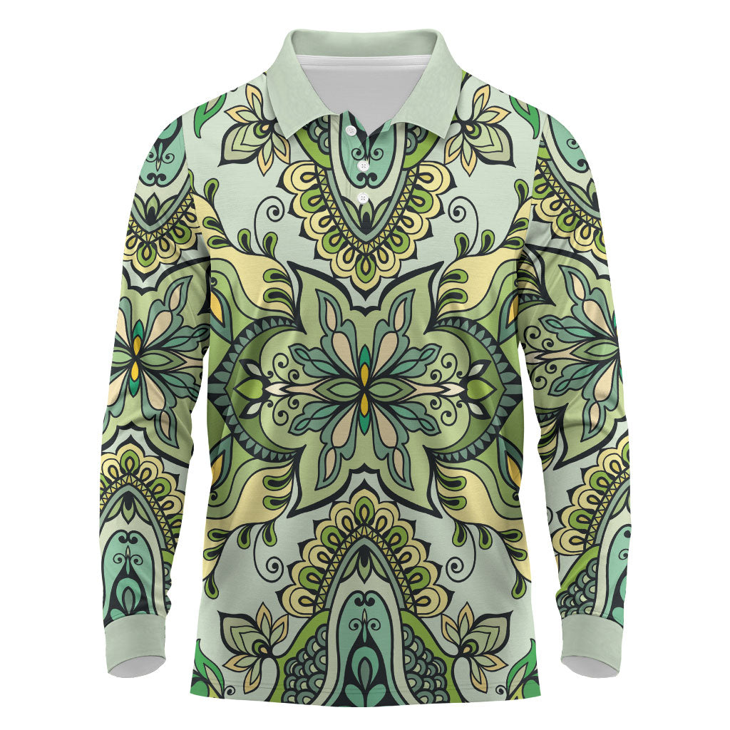 Indian Mandala Pattern Long Sleeve Polo Shirt Green Geometric Floral Mandala