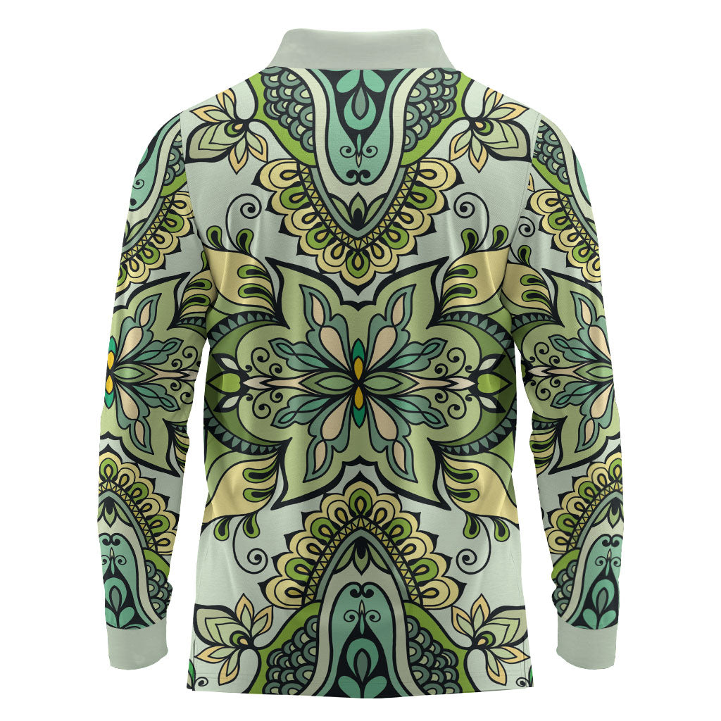 Indian Mandala Pattern Long Sleeve Polo Shirt Green Geometric Floral Mandala