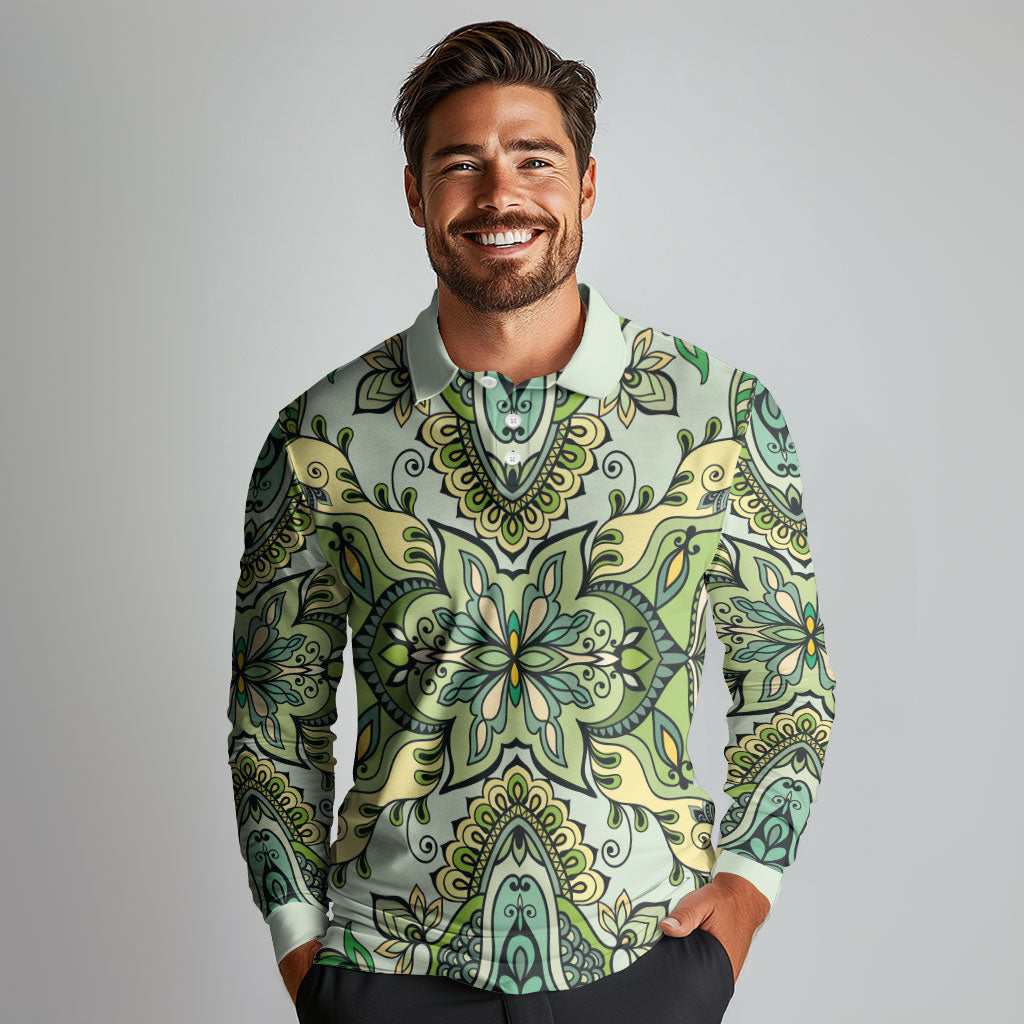 Indian Mandala Pattern Long Sleeve Polo Shirt Green Geometric Floral Mandala