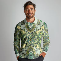 Indian Mandala Pattern Long Sleeve Polo Shirt Green Geometric Floral Mandala
