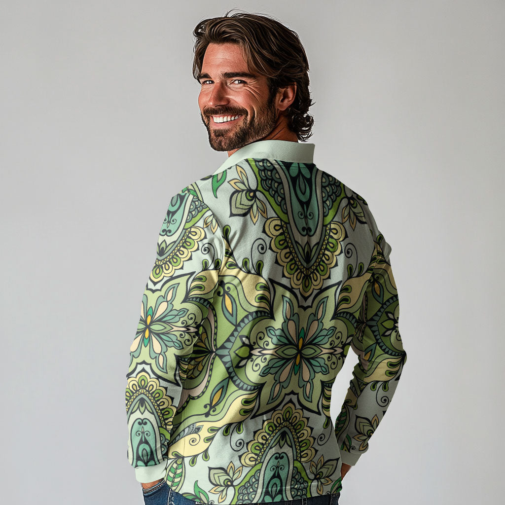 Indian Mandala Pattern Long Sleeve Polo Shirt Green Geometric Floral Mandala