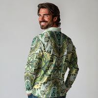 Indian Mandala Pattern Long Sleeve Polo Shirt Green Geometric Floral Mandala