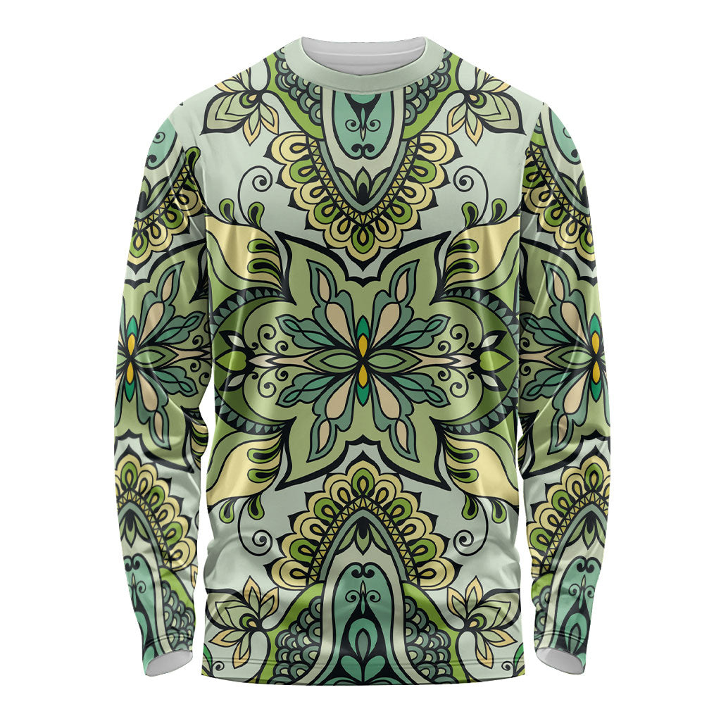 Indian Mandala Pattern Long Sleeve Shirt Green Geometric Floral Mandala