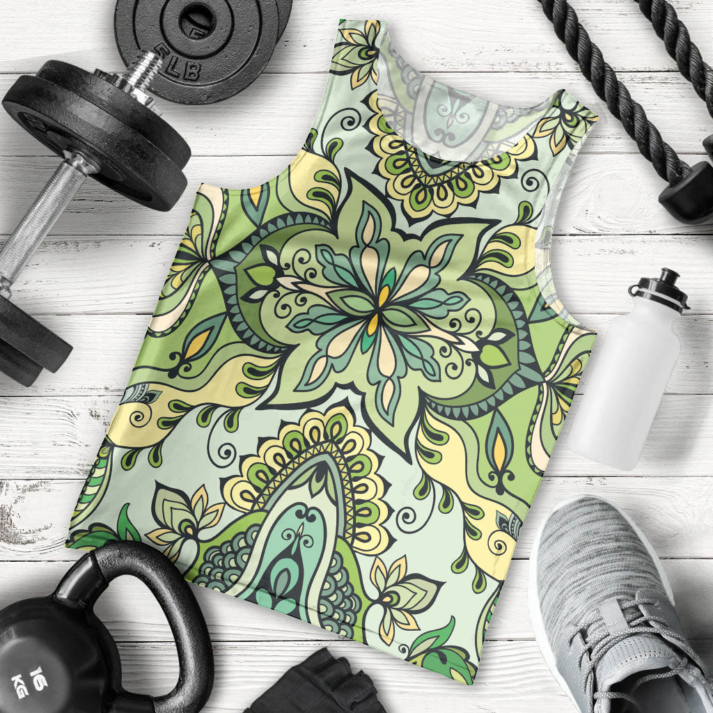 Indian Mandala Pattern Men Tank Top Green Geometric Floral Mandala