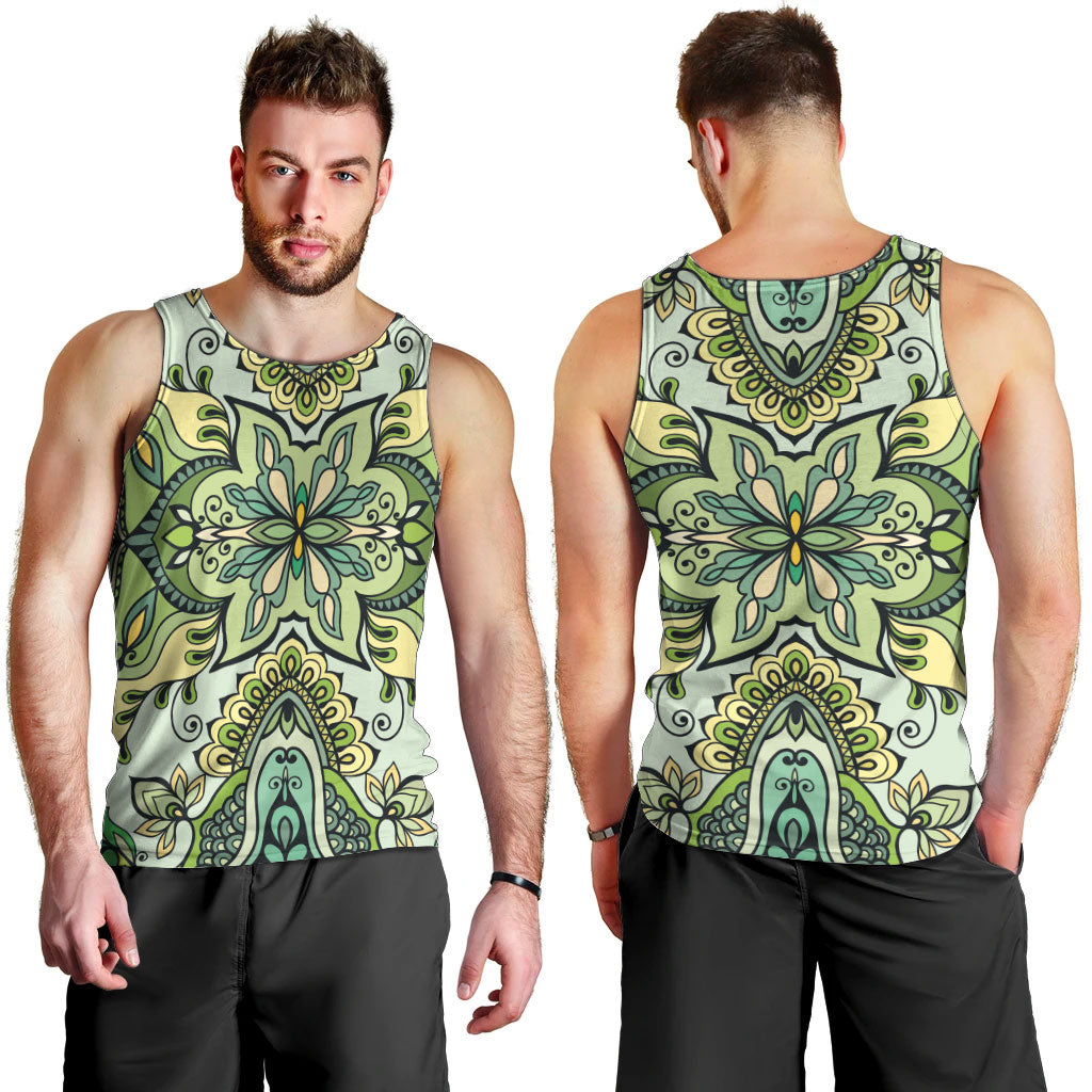 Indian Mandala Pattern Men Tank Top Green Geometric Floral Mandala