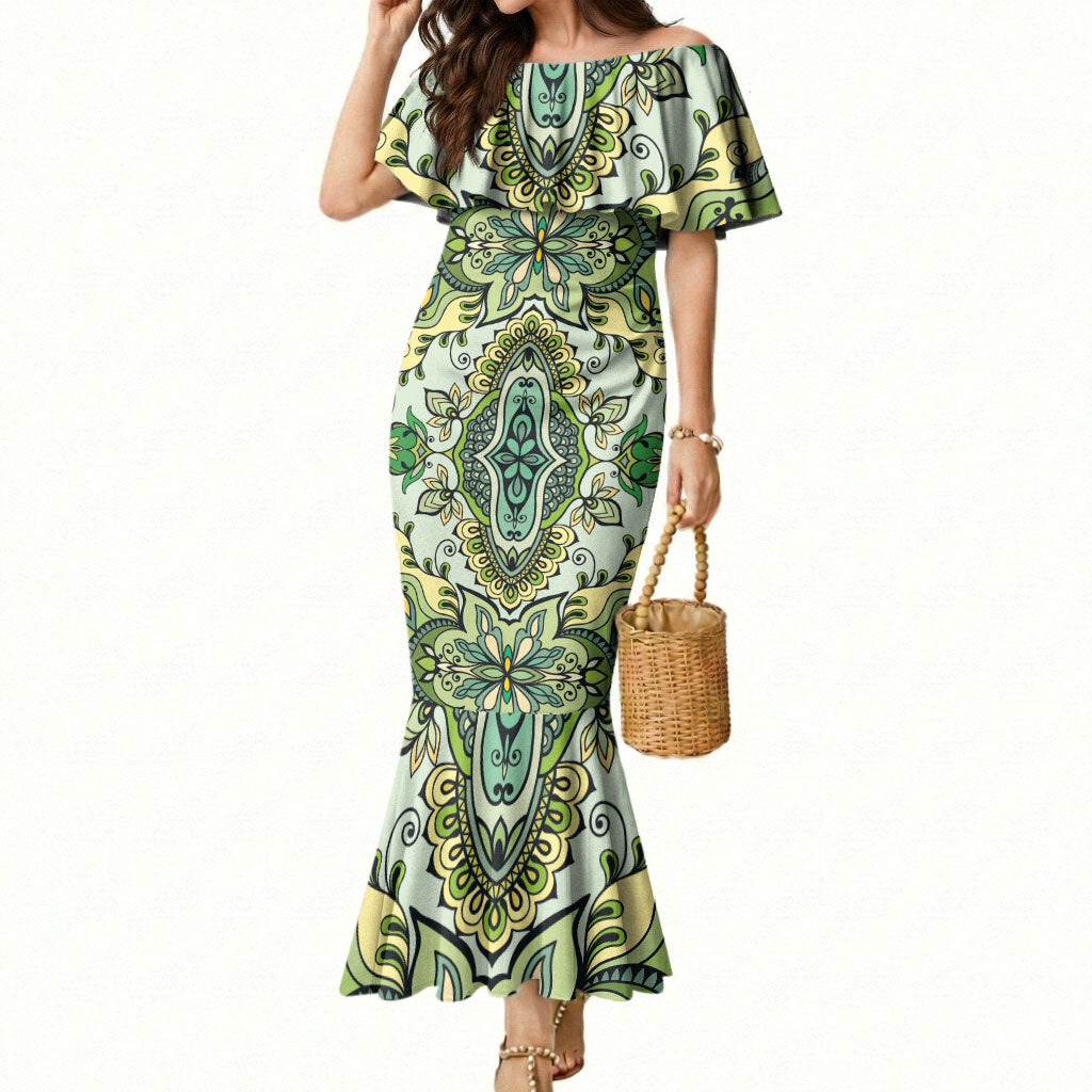 Indian Mandala Pattern Mermaid Dress Green Geometric Floral Mandala