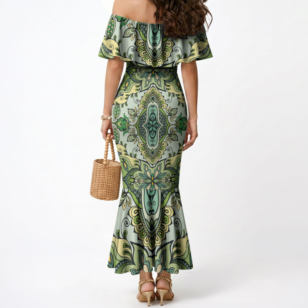 Indian Mandala Pattern Mermaid Dress Green Geometric Floral Mandala