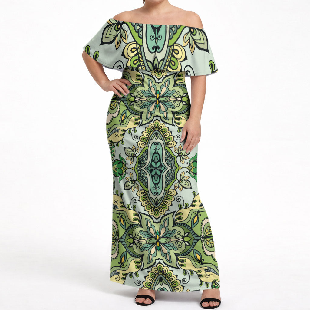 Indian Mandala Pattern Off Shoulder Maxi Dress Green Geometric Floral Mandala