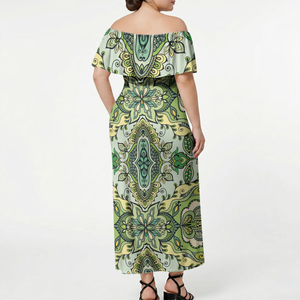 Indian Mandala Pattern Off Shoulder Maxi Dress Green Geometric Floral Mandala