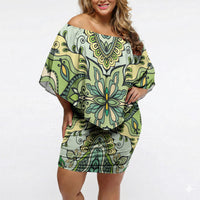 Indian Mandala Pattern Off Shoulder Short Dress Green Geometric Floral Mandala