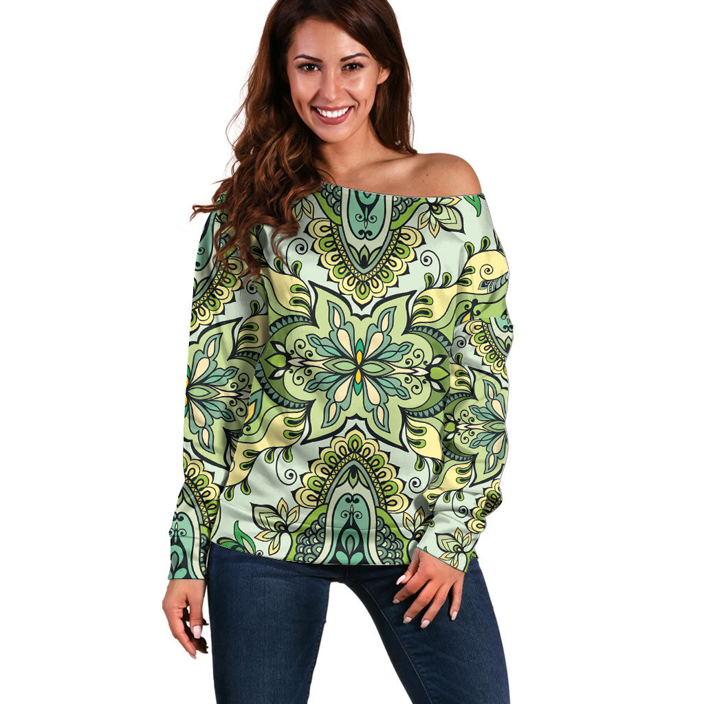 Indian Mandala Pattern Off Shoulder Sweater Green Geometric Floral Mandala