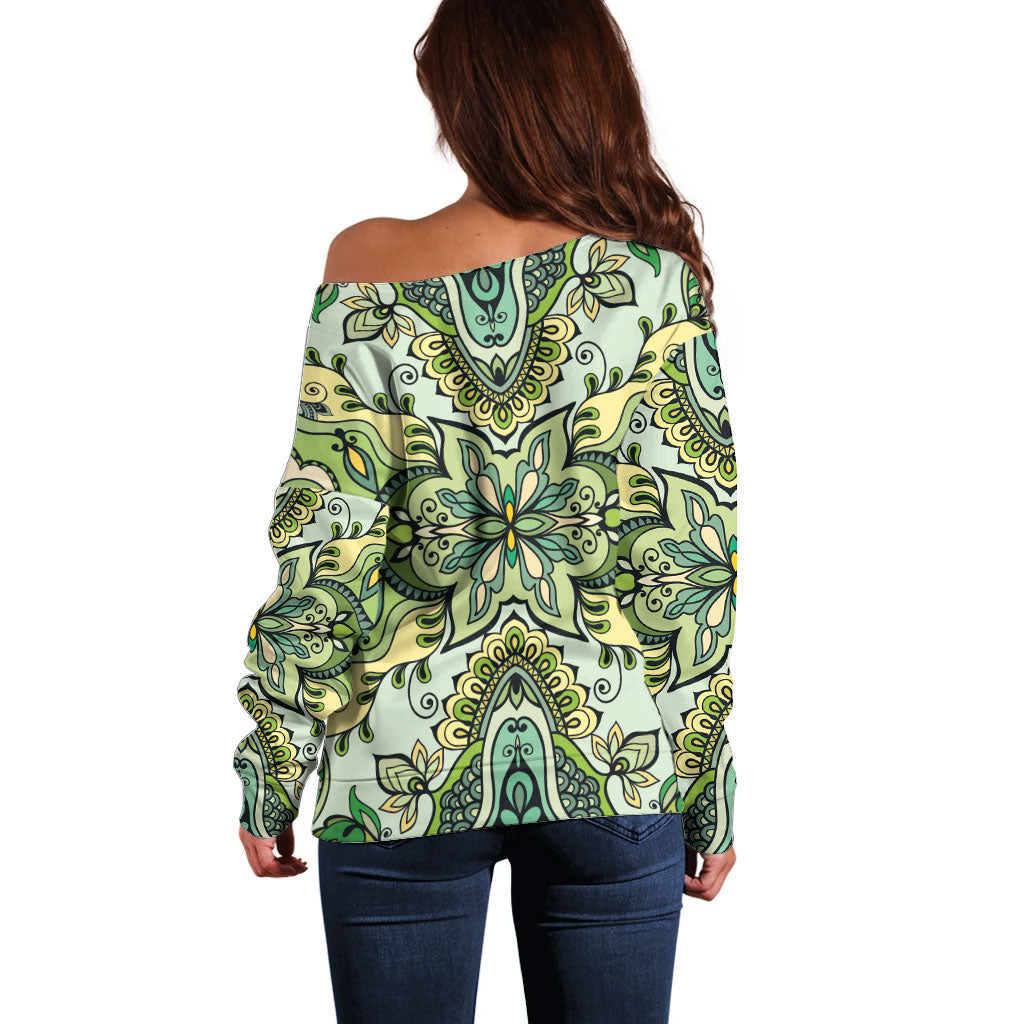 Indian Mandala Pattern Off Shoulder Sweater Green Geometric Floral Mandala