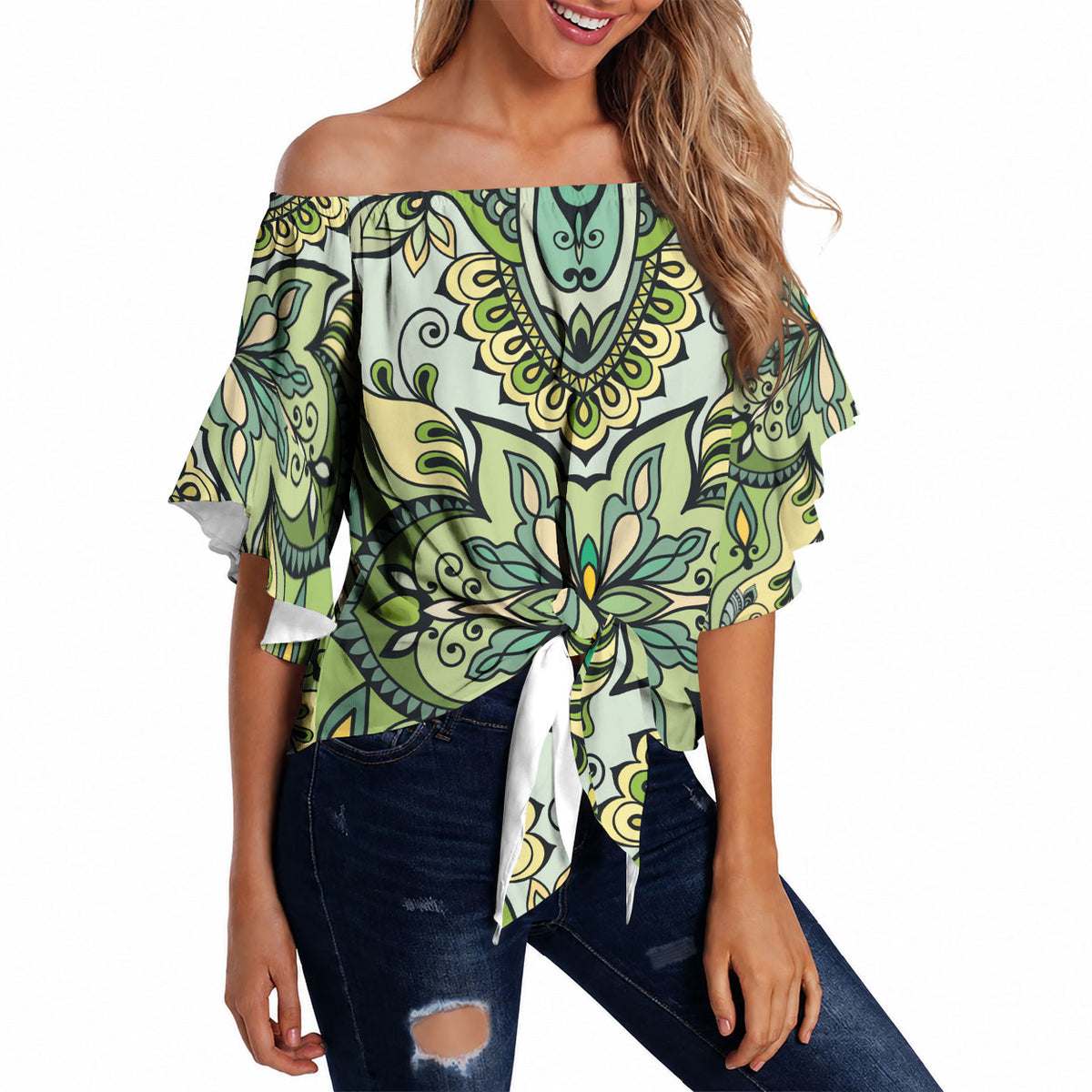 Indian Mandala Pattern Off Shoulder Wrap Waist Top Green Geometric Floral Mandala
