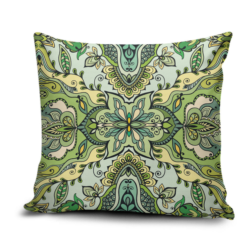 Indian Mandala Pattern Pillow Cover Green Geometric Floral Mandala