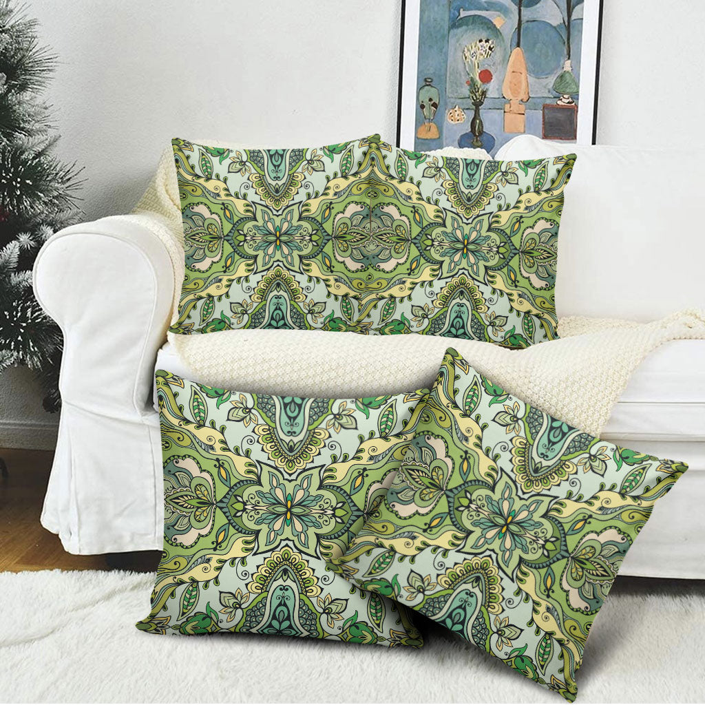 Indian Mandala Pattern Pillow Cover Green Geometric Floral Mandala