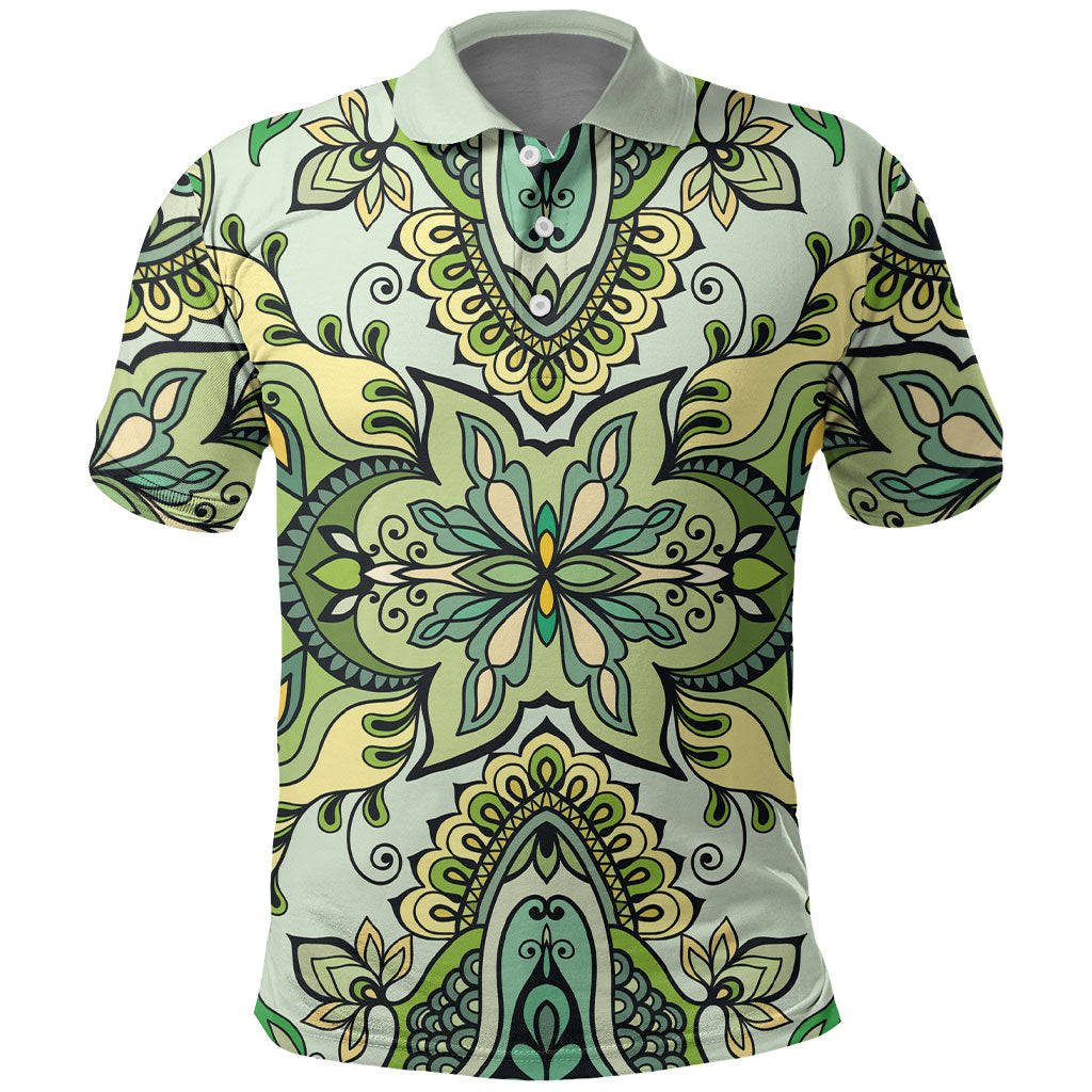 Indian Mandala Pattern Polo Shirt Green Geometric Floral Mandala