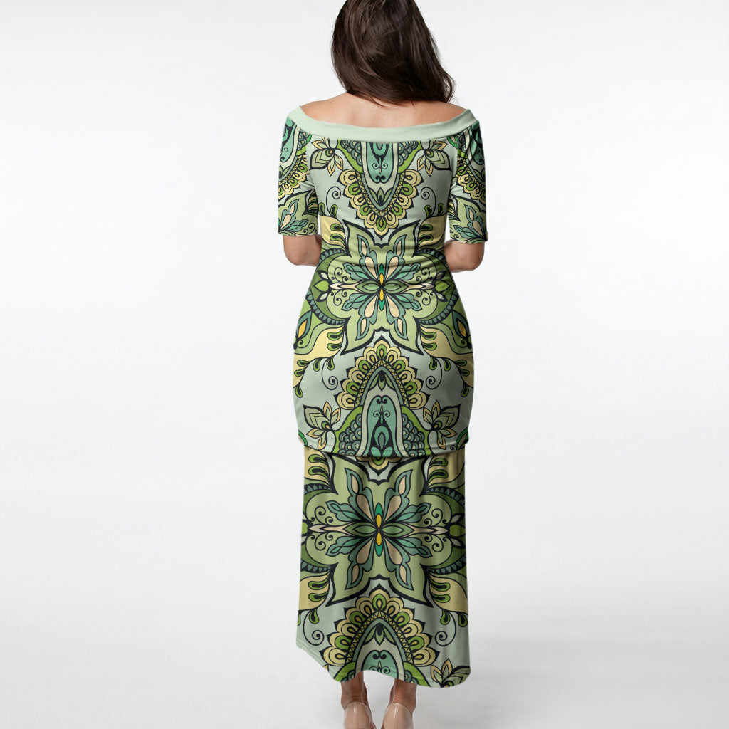 Indian Mandala Pattern Puletasi Green Geometric Floral Mandala