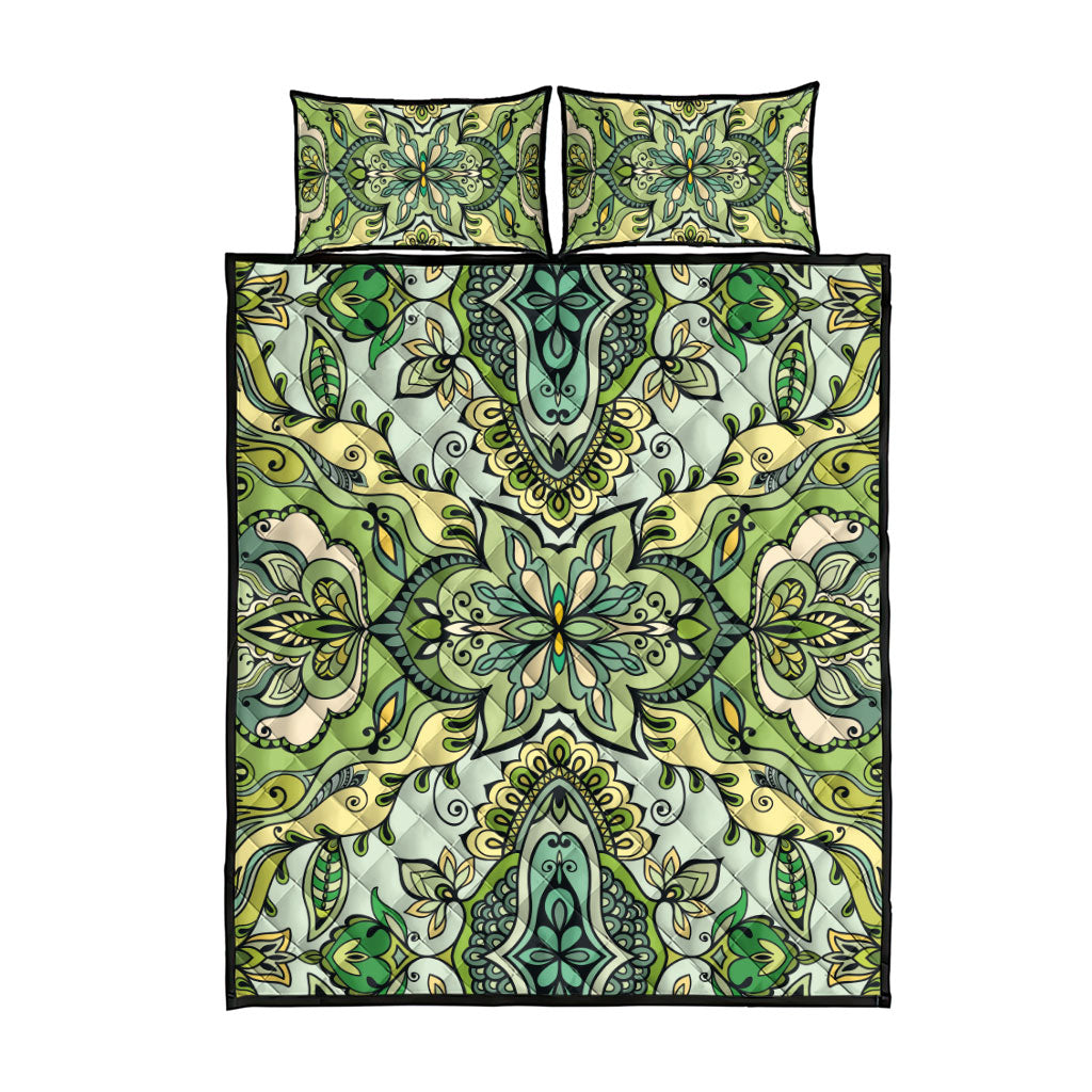 Indian Mandala Pattern Quilt Bed Set Green Geometric Floral Mandala